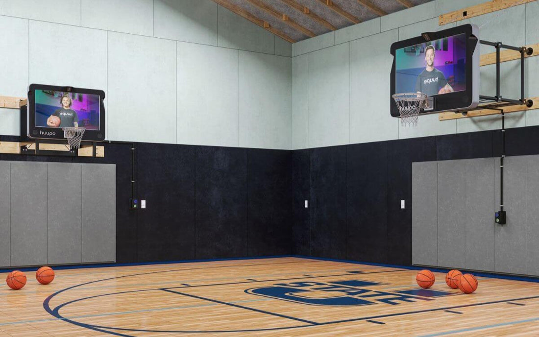 Two huupe basketball hoops located on a court