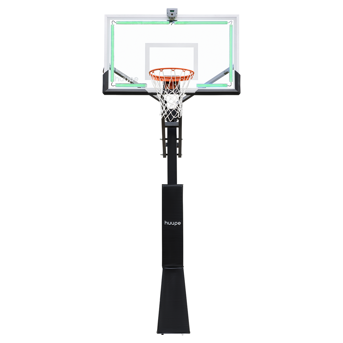 huupe ARENA in-ground smart basketball hoop with glass backboard and green LED perimeter